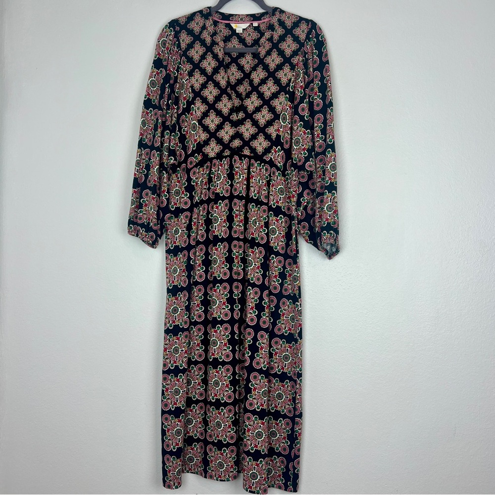Boden | Black Pink Cottage Long Sleeve Maxi Dress Patterned Modest Peasant 12